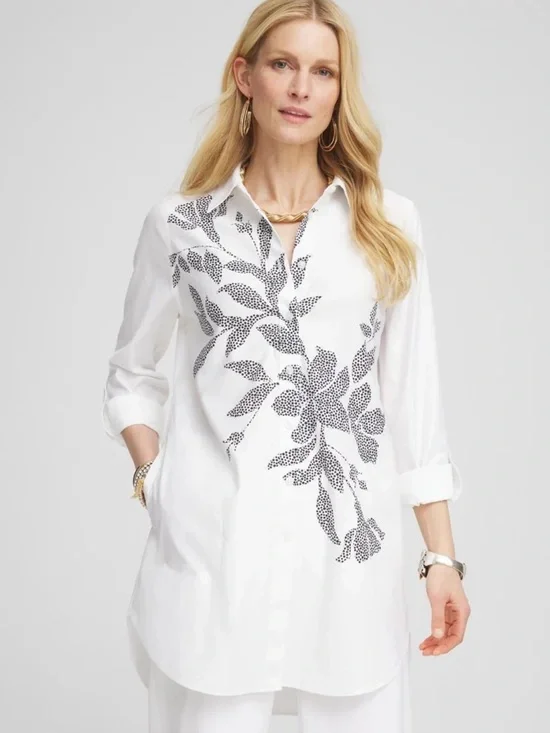 Chico's No Iron Pocketed, White and Black Leaf Print tunic Shirt 3(XL) - Picture 1 of 9